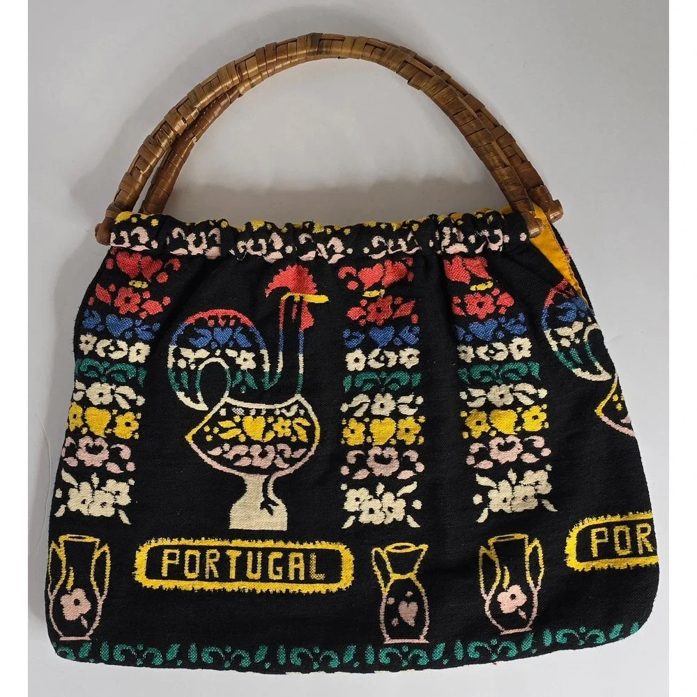 VINTAGE PORTUGAL HANDBAG WITH ROOSTERS, VASES & FLOWERS PATTERN